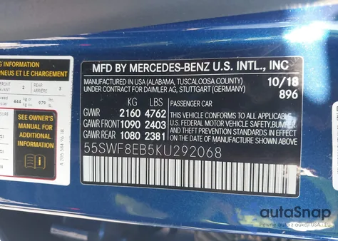 2019 Mercedes-Benz C 300 4Matic из США, поврежденный, VIN 55SWF8EB5KU292068